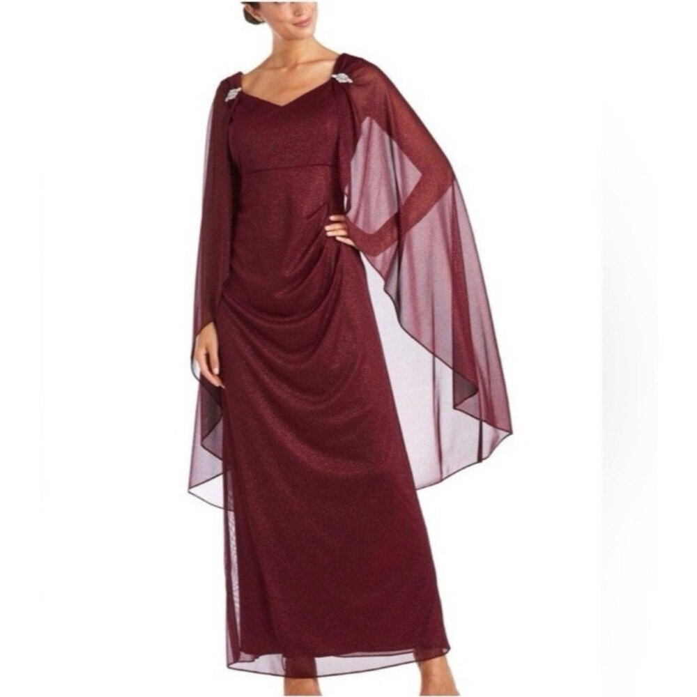 R & M Richards Long Formal Dress 18W Merlot Cape Shimmer Party Wedding Cruise